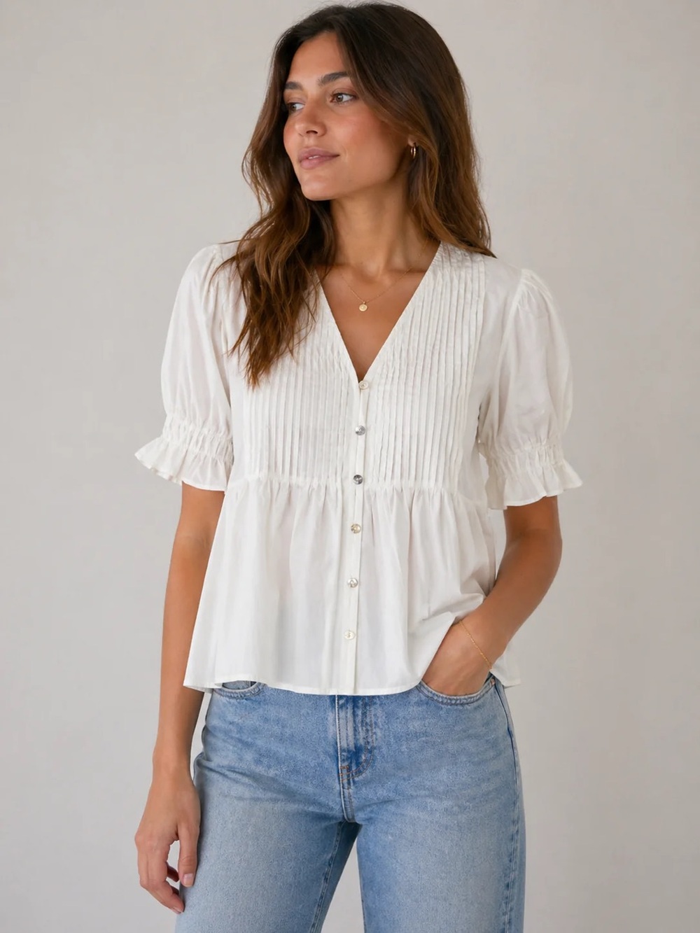 Sea New York Cream Pintuck Button-Front Peplum Blouse